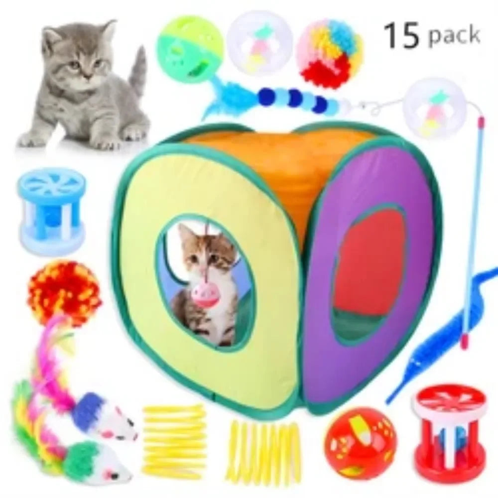 Interactive Cat Toy Set with Tunnel, Balls, Mouse, Spring and Hollow Ball Perfect for Indoor Cats Provides Hours of Fun Exercise