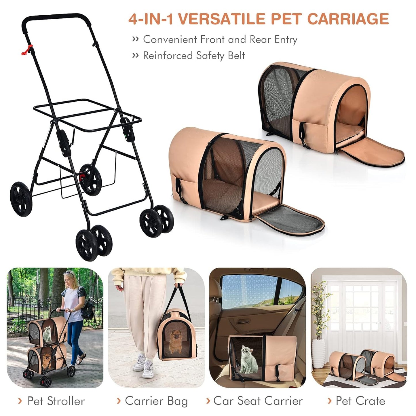 Double Pet Stroller with 2 Detachable Carrier Bags, Safety Belt, 4 Lockable Wheels, Folding Cat & Dog Stroller for Small Medium Pets, Cats Dogs Puppy Travel Strolling Cart (Beige)