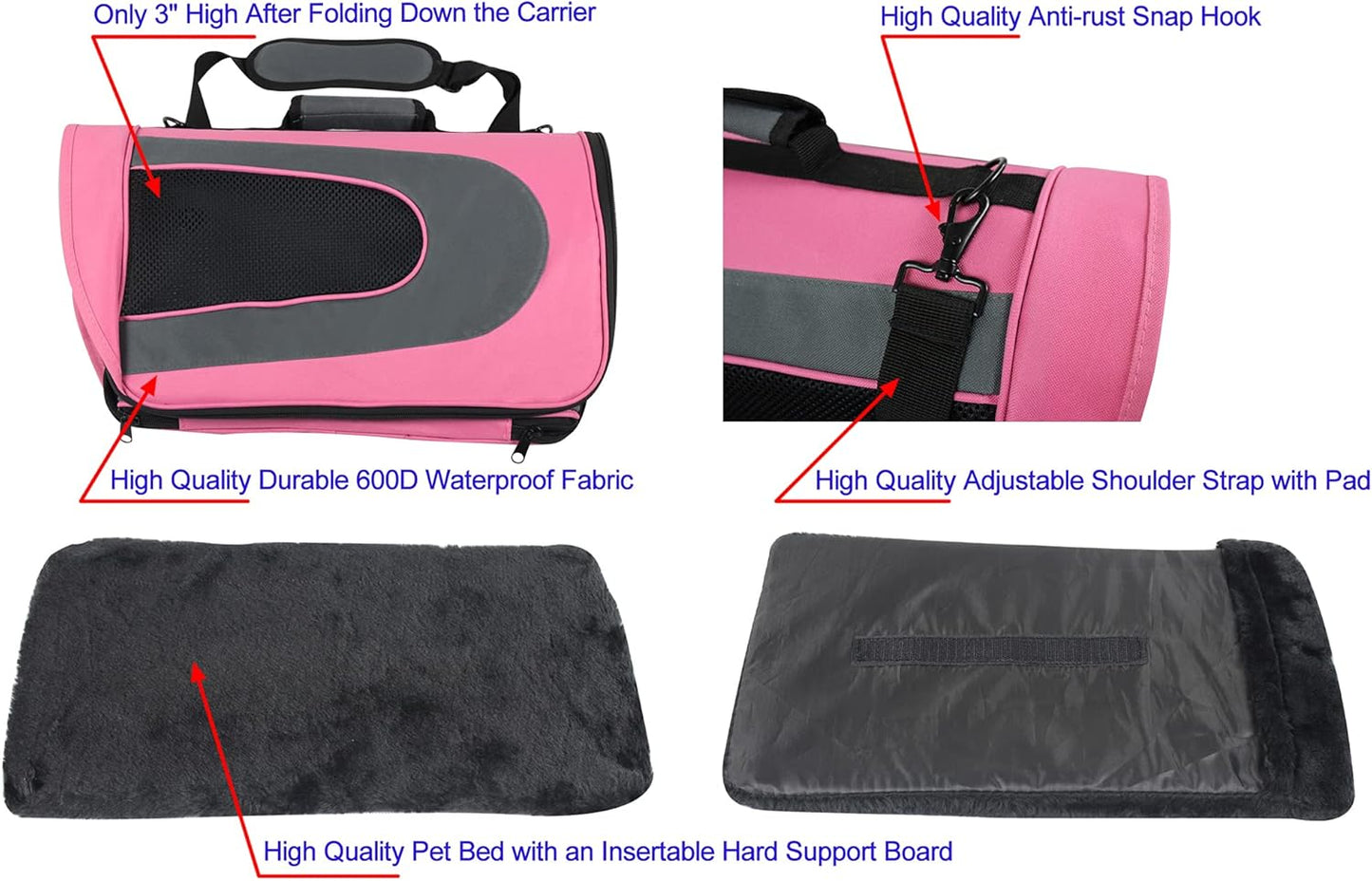 Deluxe Soft Pet Carrier (3 Year Warranty, Airline Approved), Multiple Sizes and Colors Available (18" L X 10" W X 11" H, Pink+Gray)