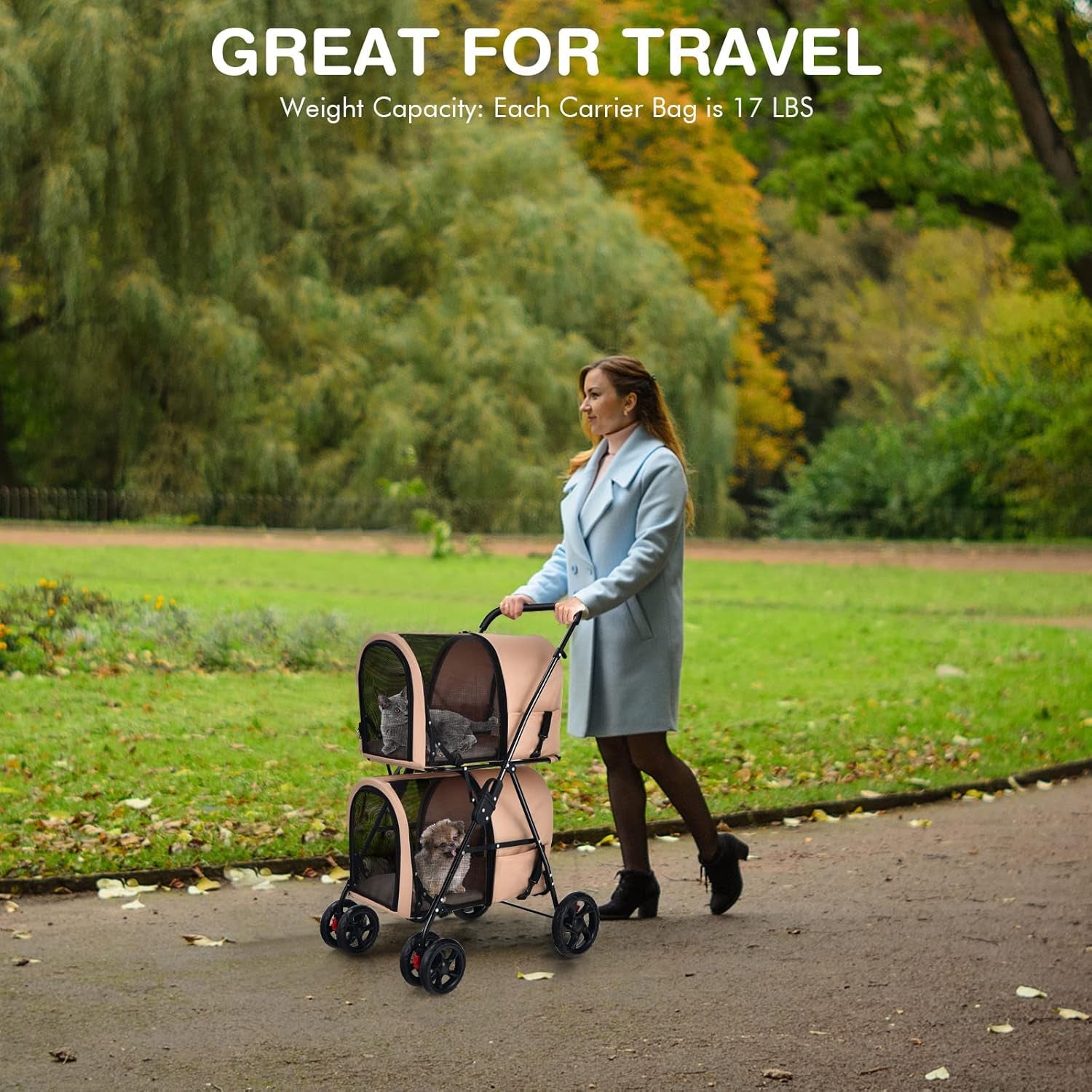 Double Pet Stroller with 2 Detachable Carrier Bags, Safety Belt, 4 Lockable Wheels, Folding Cat & Dog Stroller for Small Medium Pets, Cats Dogs Puppy Travel Strolling Cart (Beige)