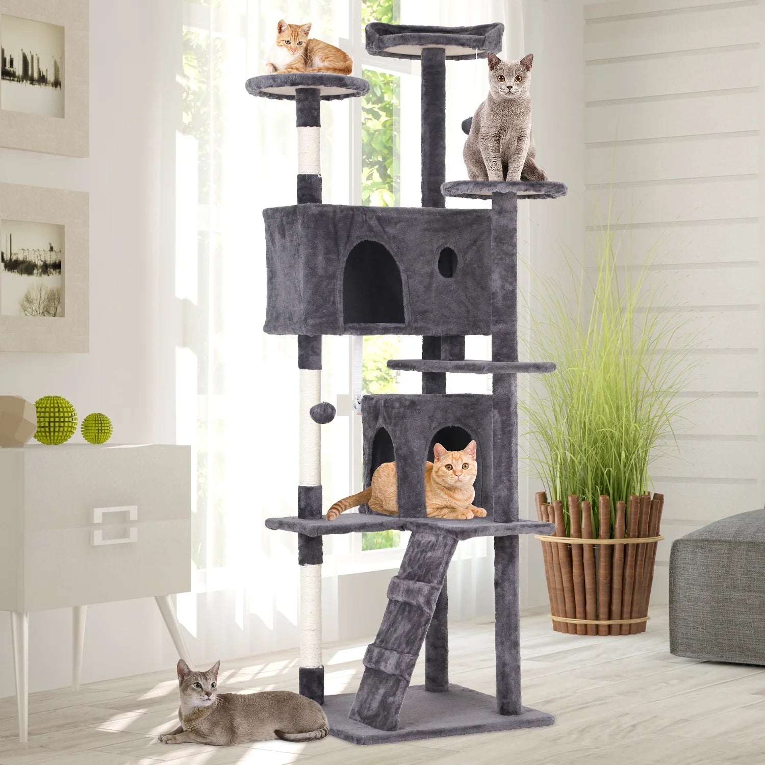 70-In Cat Tree Tower Furniture Cat Condo with Scratching Post for Indoor Cats, Light Gray