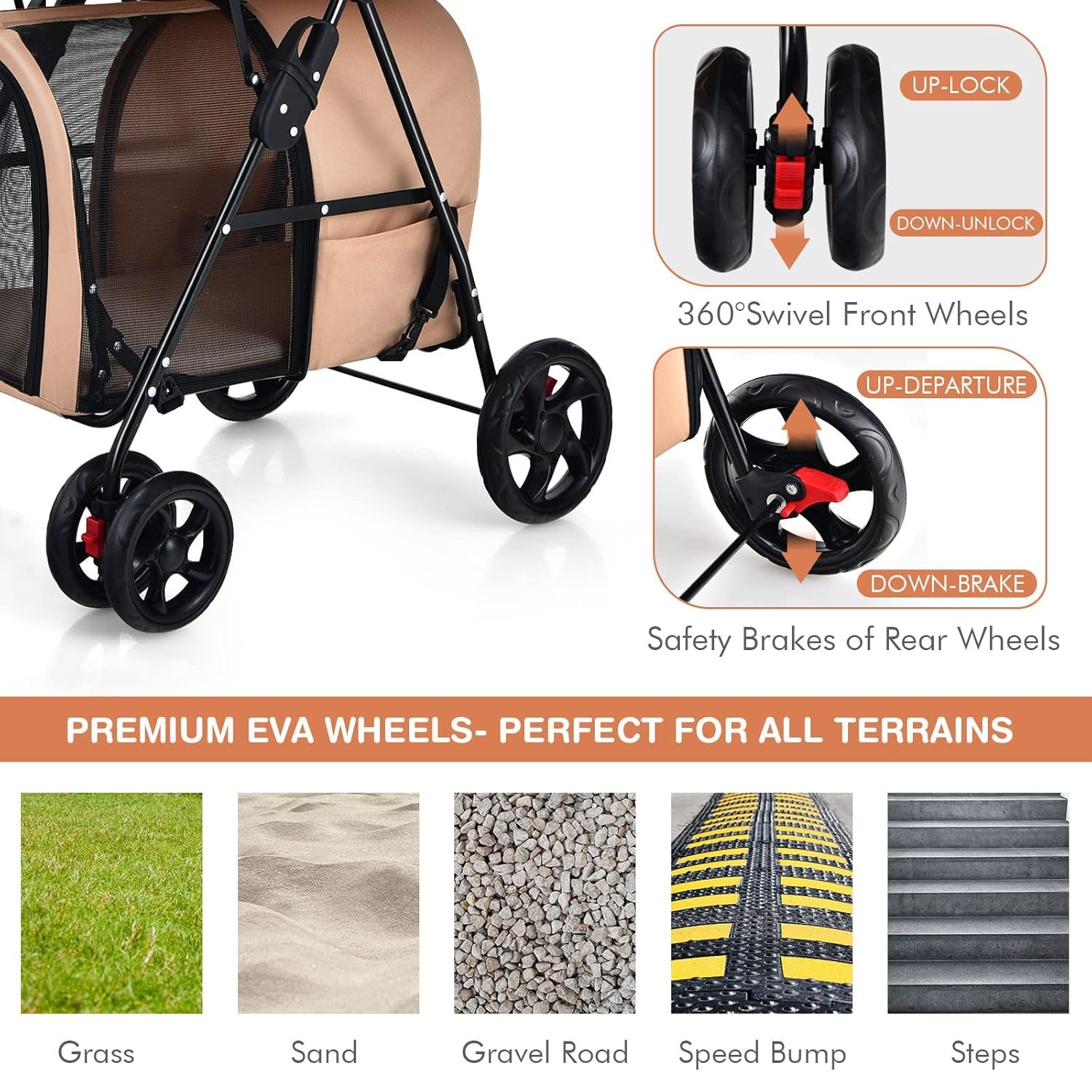 Double Pet Stroller with 2 Detachable Carrier Bags, Safety Belt, 4 Lockable Wheels, Folding Cat & Dog Stroller for Small Medium Pets, Cats Dogs Puppy Travel Strolling Cart (Beige)
