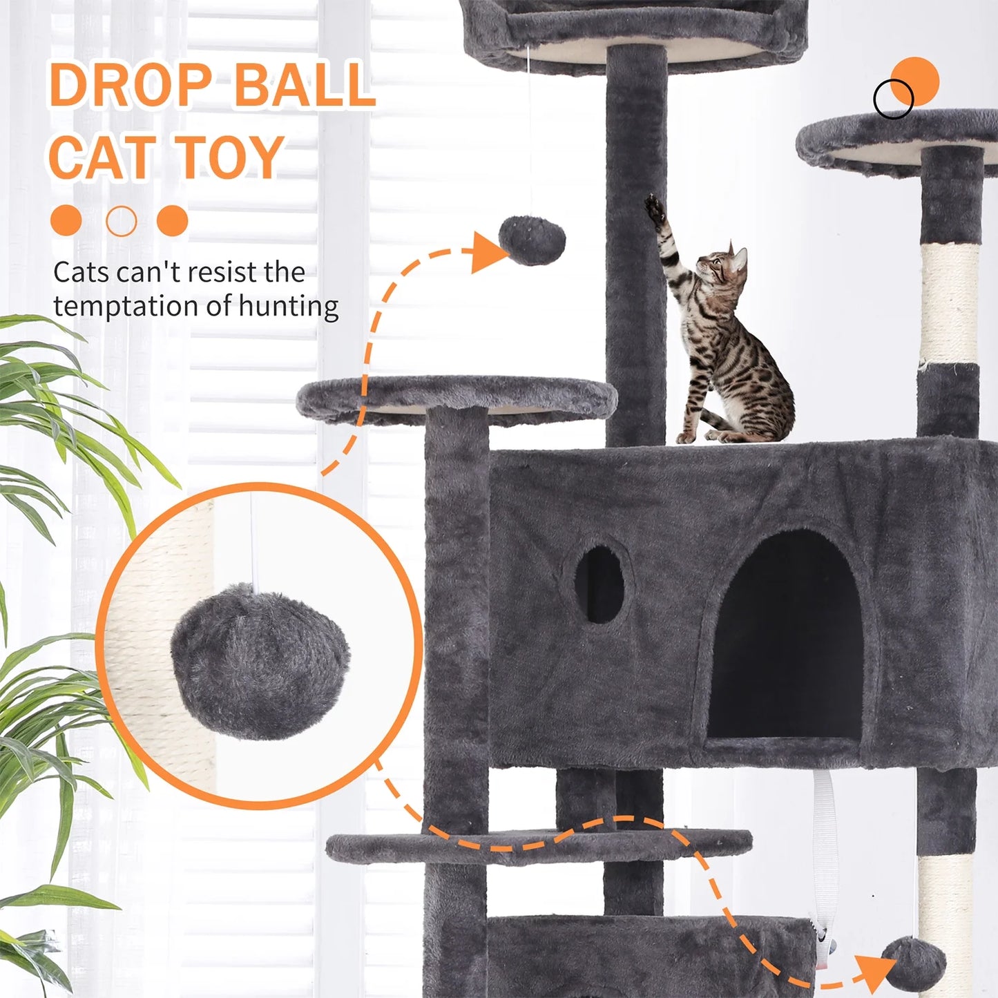 70-In Cat Tree Tower Furniture Cat Condo with Scratching Post for Indoor Cats, Light Gray