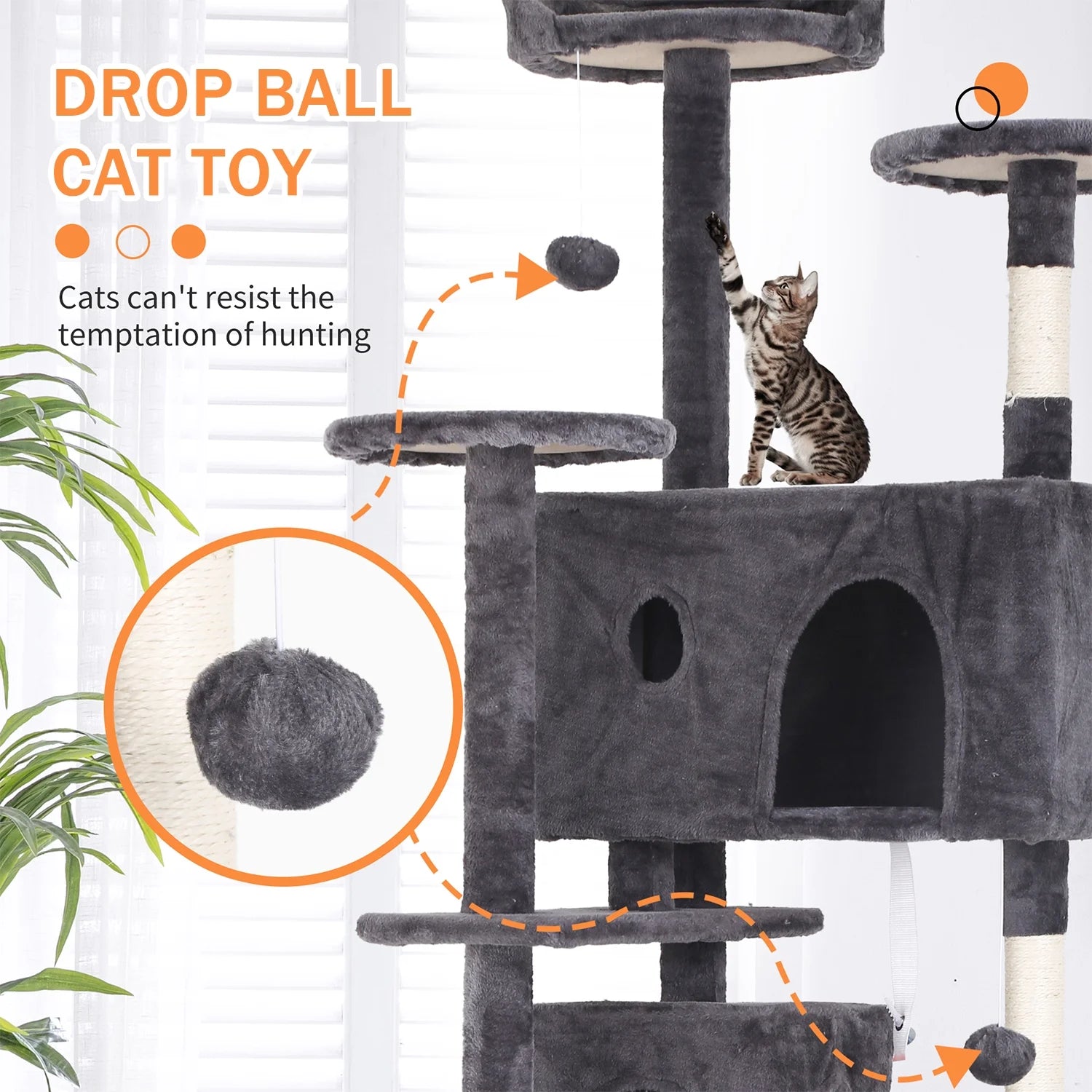 70-In Cat Tree Tower Furniture Cat Condo with Scratching Post for Indoor Cats, Light Gray