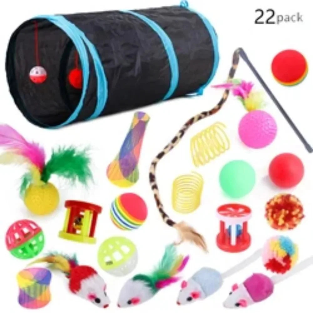 Interactive Cat Toy Set with Tunnel, Balls, Mouse, Spring and Hollow Ball Perfect for Indoor Cats Provides Hours of Fun Exercise