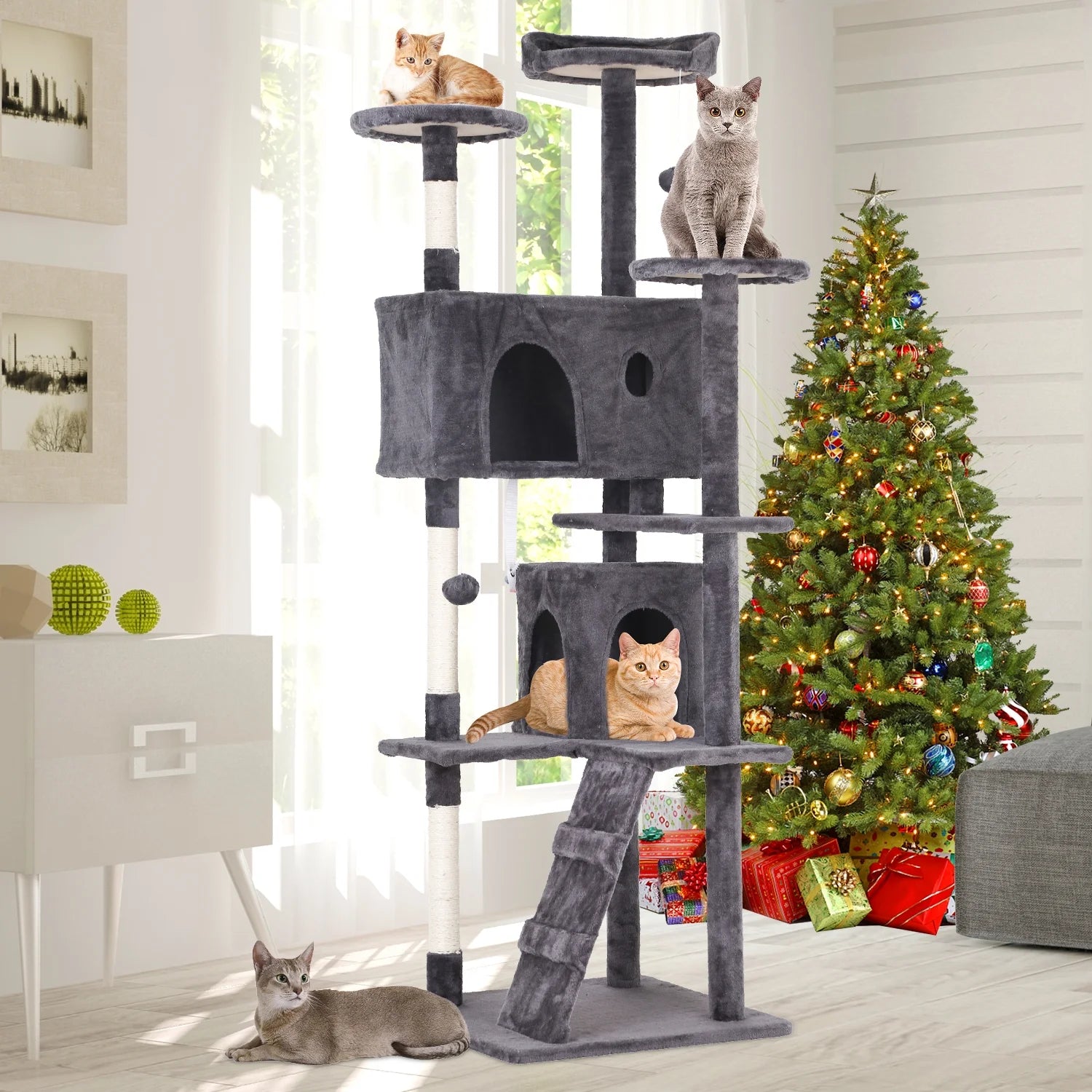 70-In Cat Tree Tower Furniture Cat Condo with Scratching Post for Indoor Cats, Light Gray