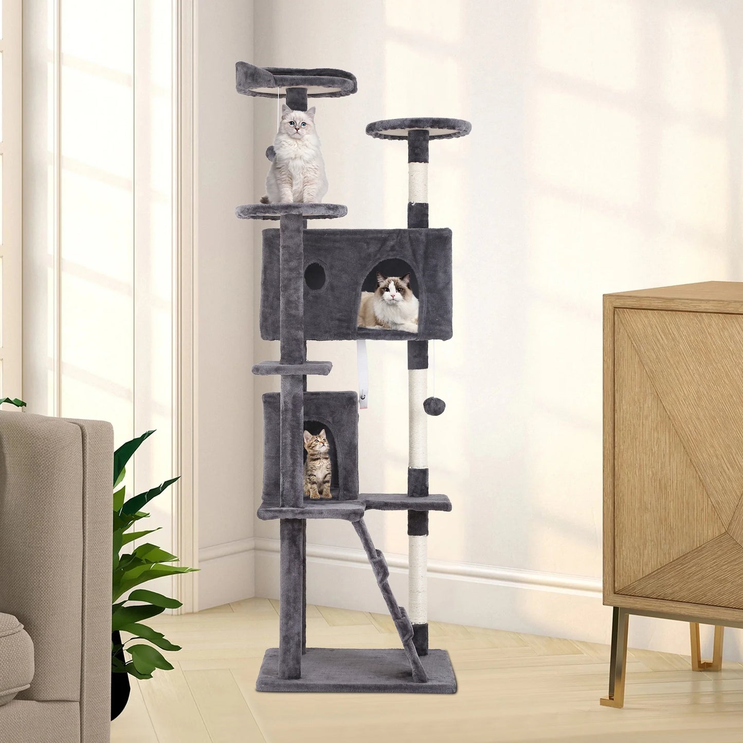 70-In Cat Tree Tower Furniture Cat Condo with Scratching Post for Indoor Cats, Light Gray