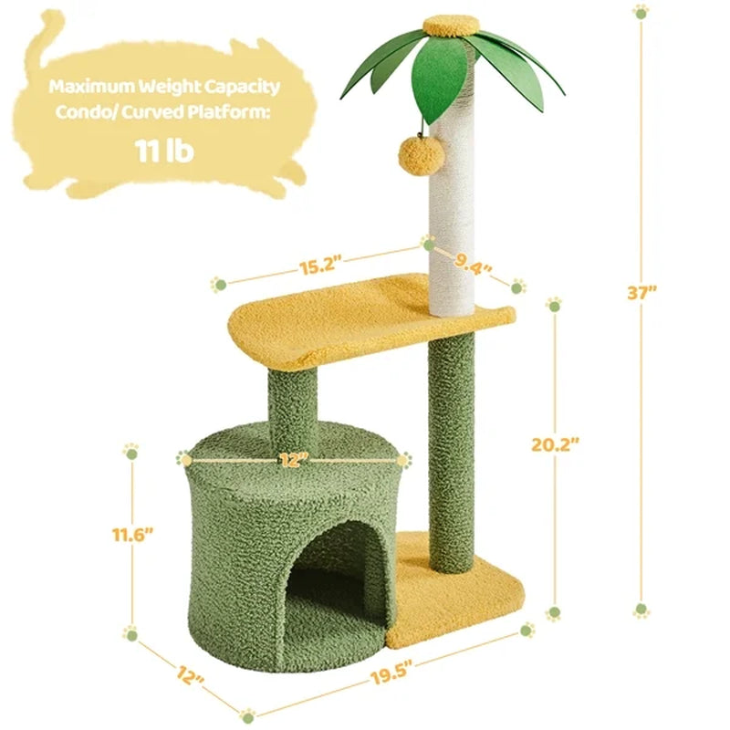 37-Inch Small Cat Tree Tower Kitten Tree for Cats/Kittens, Green/Yellow