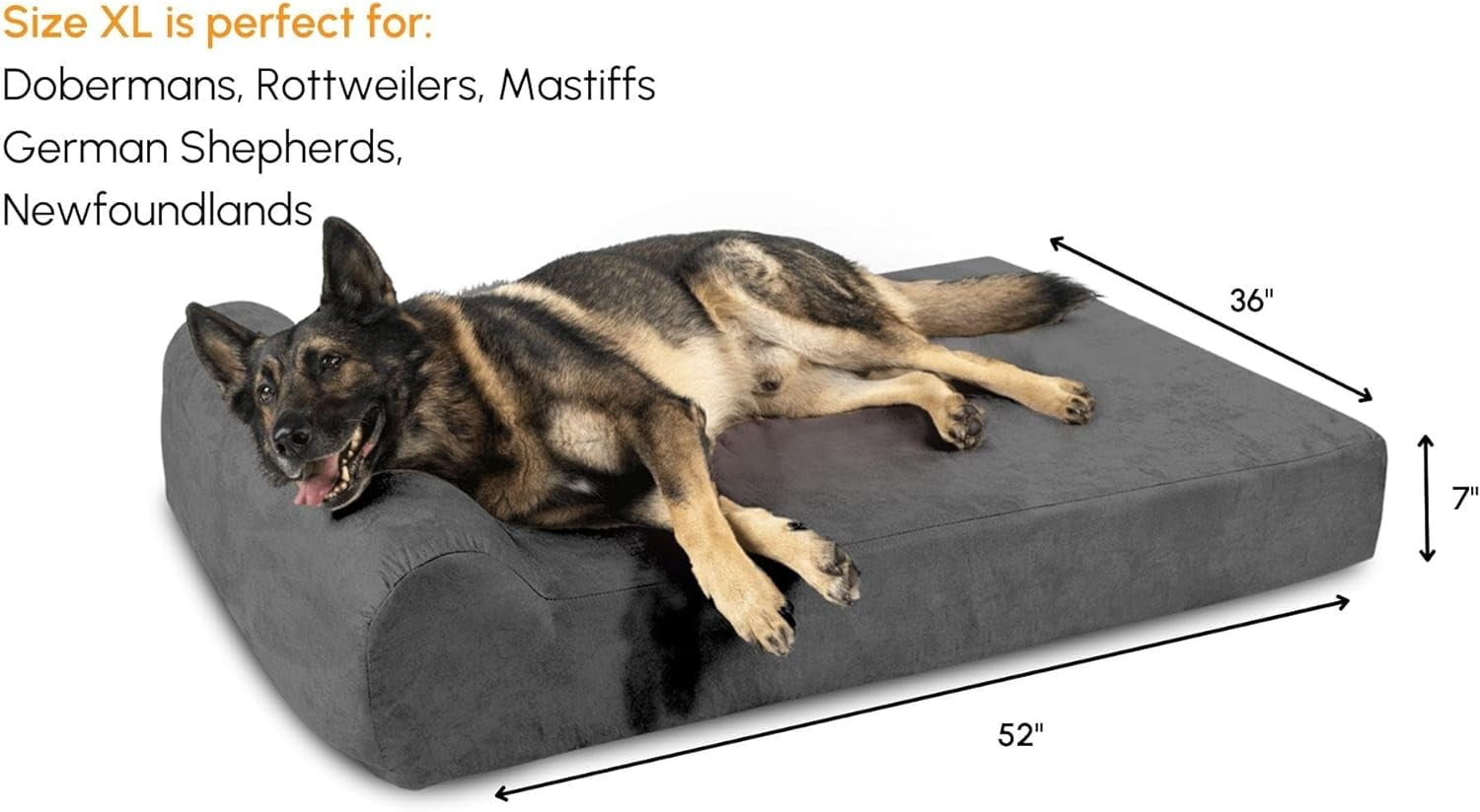 Barker Beds Headrest Extra Large Dog Bed (XL, Charcoal) – 7" Thick Soft & Comfortable Orthopedic Cushion – XL Dog Bed – Durable & Washable Microsuede Cover – Made in USA