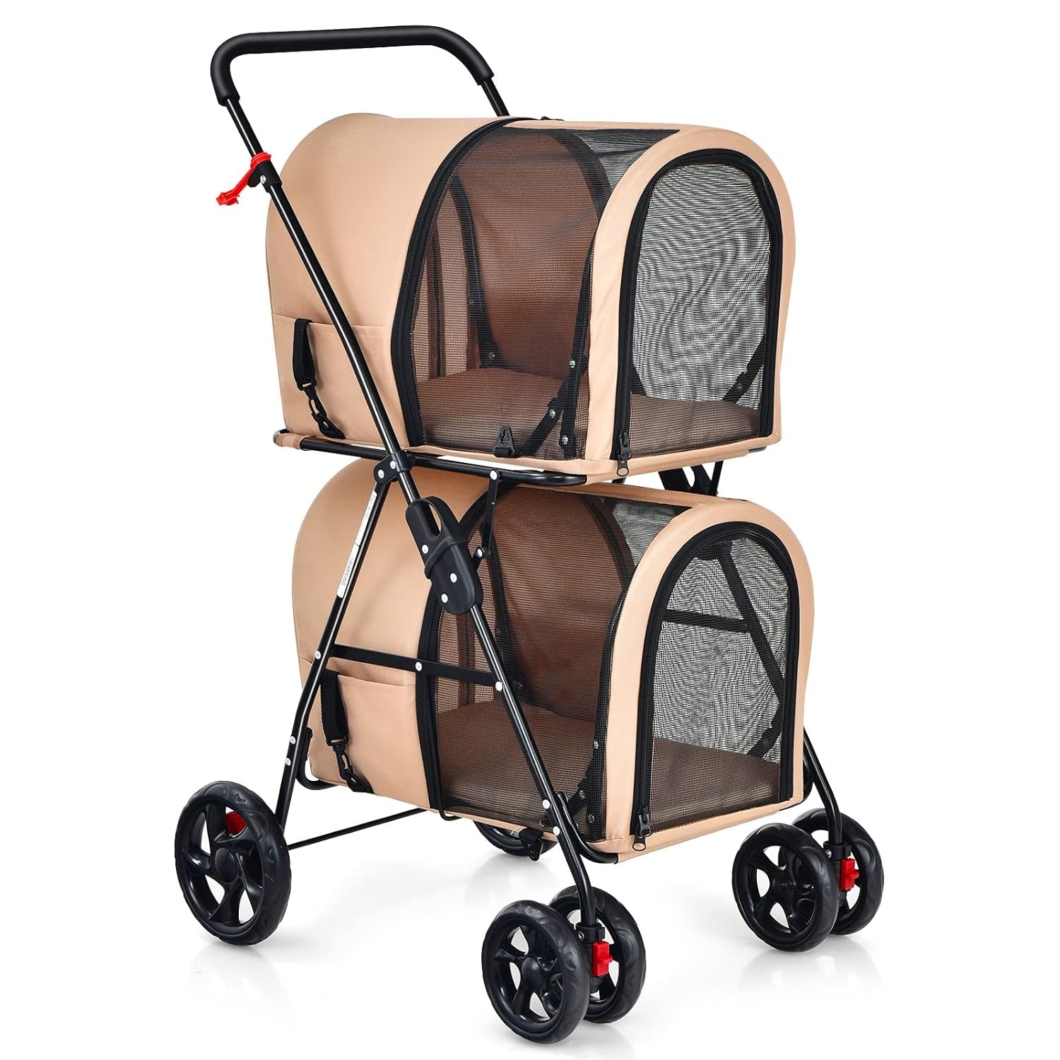 Double Pet Stroller with 2 Detachable Carrier Bags, Safety Belt, 4 Lockable Wheels, Folding Cat & Dog Stroller for Small Medium Pets, Cats Dogs Puppy Travel Strolling Cart (Beige)