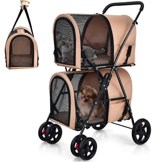 Double Pet Stroller with 2 Detachable Carrier Bags, Safety Belt, 4 Lockable Wheels, Folding Cat & Dog Stroller for Small Medium Pets, Cats Dogs Puppy Travel Strolling Cart (Beige)