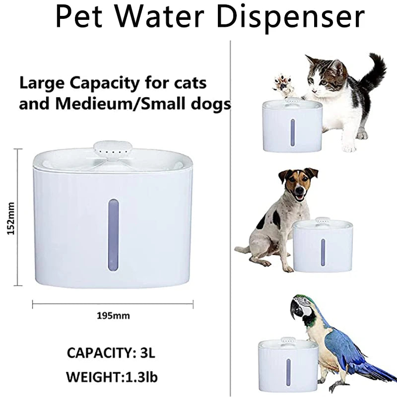 Pet Cat Water Fountain Automatic Cat Water Dispenser 3L Dog Pet Water Fountain Pump with LED Indicator and 3 Replacement Filter
