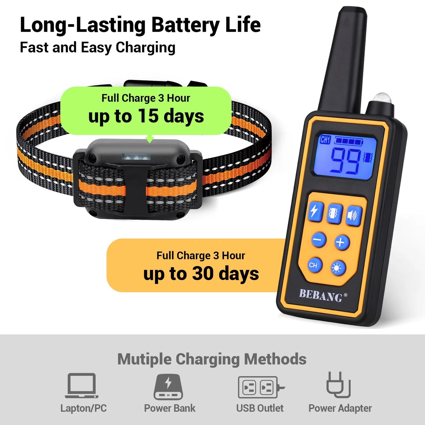 2600FT Dog Training Collar, Dog Shock Collar with Remote, 3 Modes Beep Vibration Shock, Waterproof, LED Light, Rechargeable Dog Shock Collar for Training Small Medium Large Dogs