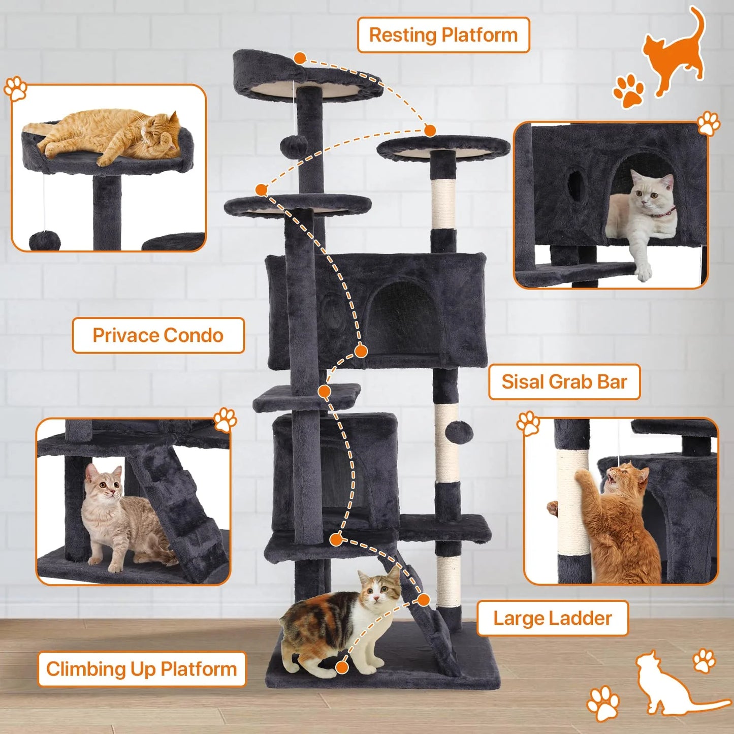 70-In Cat Tree Tower Furniture Cat Condo with Scratching Post for Indoor Cats, Light Gray