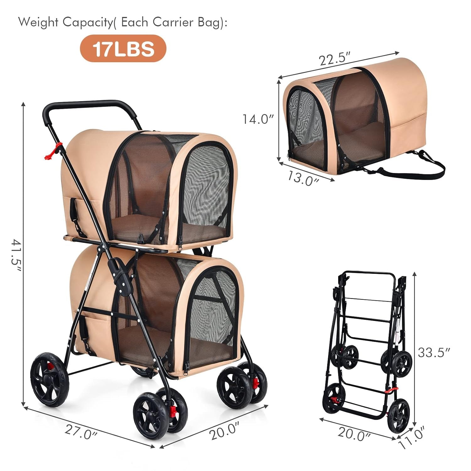 Double Pet Stroller with 2 Detachable Carrier Bags, Safety Belt, 4 Lockable Wheels, Folding Cat & Dog Stroller for Small Medium Pets, Cats Dogs Puppy Travel Strolling Cart (Beige)