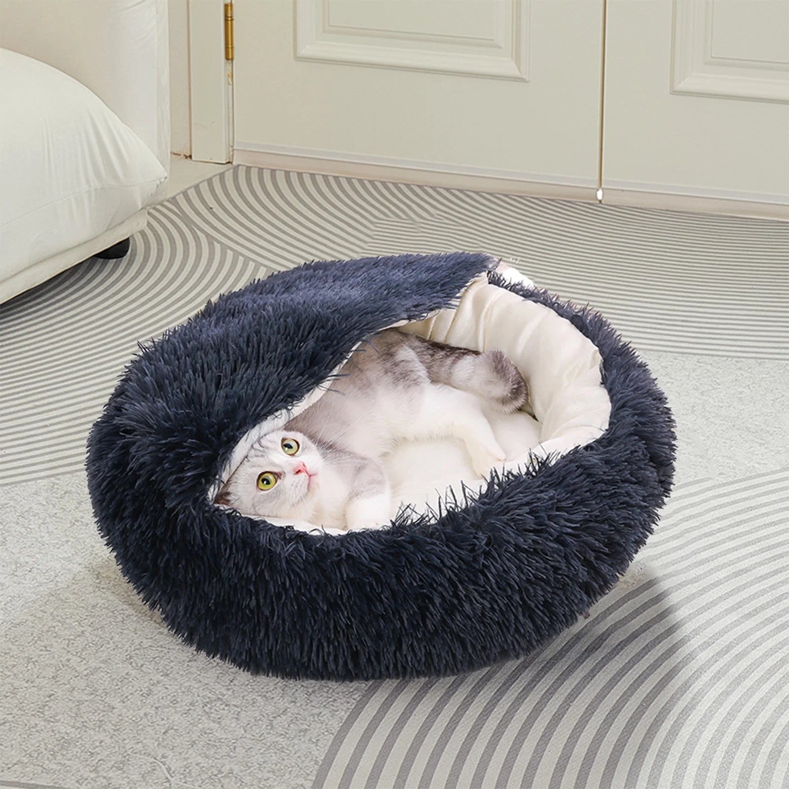 Calming Dog Beds & Cat Cave Bed with Hooded Cover,Removable Washable round Beds for Small Medium Pets,Anti-Slip Faux Fur Fluffy Coved Bed for Improved Sleep,Fits up to 11 Lbs