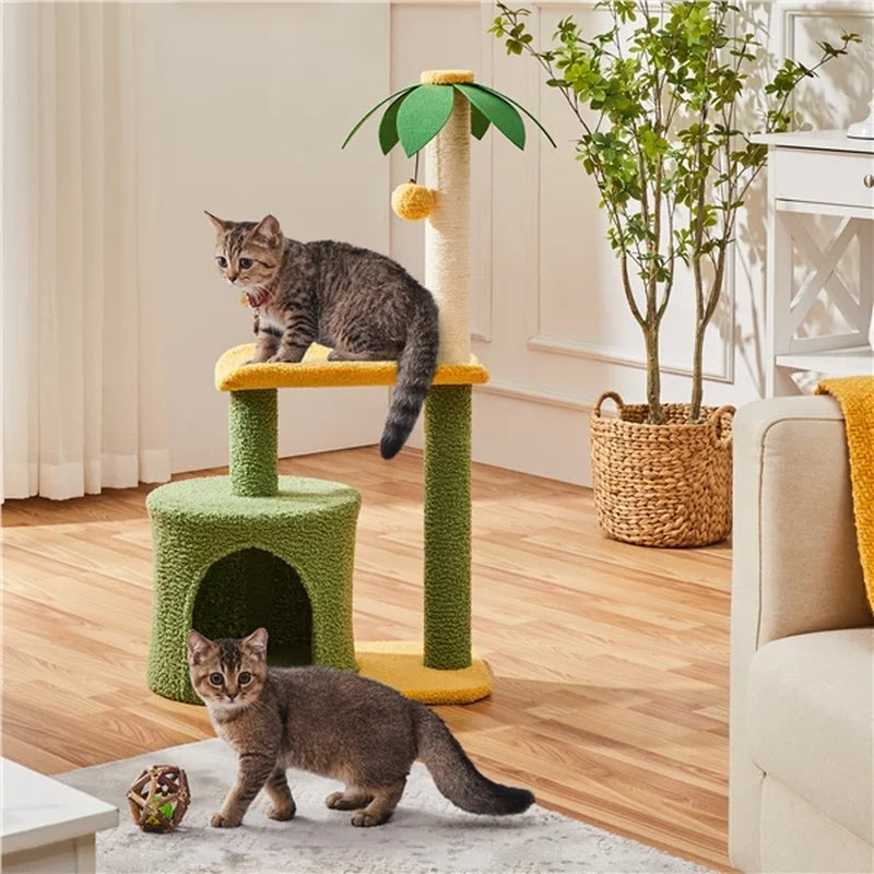 37-Inch Small Cat Tree Tower Kitten Tree for Cats/Kittens, Green/Yellow