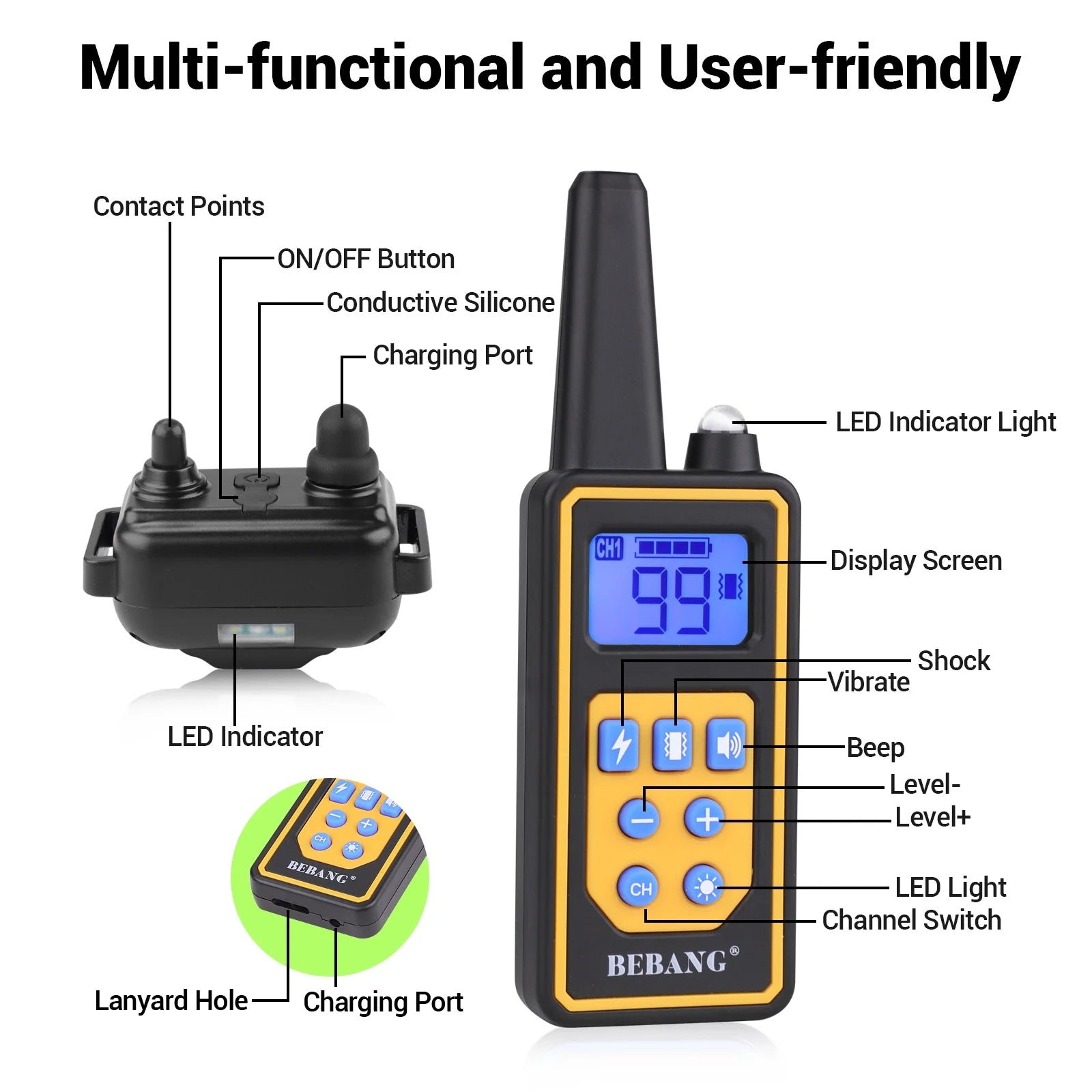 2600FT Dog Training Collar, Dog Shock Collar with Remote, 3 Modes Beep Vibration Shock, Waterproof, LED Light, Rechargeable Dog Shock Collar for Training Small Medium Large Dogs